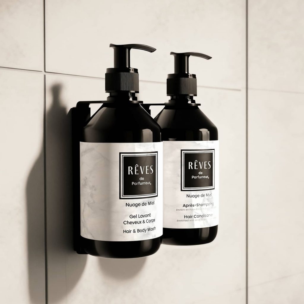 Distributeurs rechargeables de shampoing et gel douche pour l'hôtellerie. Collection exclusive Rêves de Parfumeur par HD Fragrances