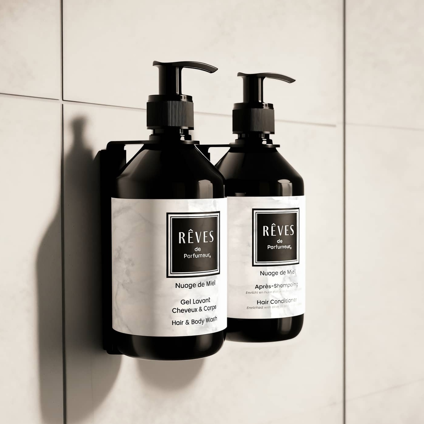Distributeurs rechargeables de shampoing et gel douche pour l'hôtellerie. Collection exclusive Rêves de Parfumeur par HD Fragrances