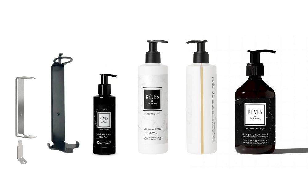 Flacon ÉCO-POMPE classique : disponible en 150 mL, 300 mL avec fenêtre de visbilité au verso, et flacon ambré 500 mL.